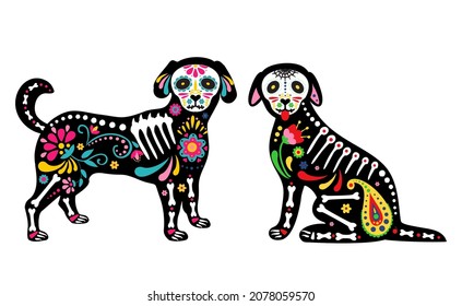 Mexican dead dogs. Dead animals. Dogs skulls and sugar heads colorful holiday vector illustration for day of the dead, bones skeleton dia de los muertos pets party drawings