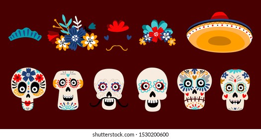 Mexican dead sugar heads. Floral wreath, hearts, hat and other accessorises. Vector funny skull images for day of the dead