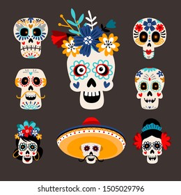 Cabezas de azúcar mexicanas muertas. Graciosas imágenes del cráneo del día de los muertos, festival mexicano de la dia de los muertos, dibujos animados con caras felices y aterradoras