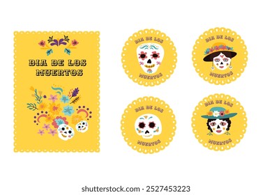 Bandeiras ou cartazes do Dia da Morte mexicano. Cartão Dia de los muertos. Crânio de açúcar, animais de estimação de tatuagem e elementos florais, flores e máscara de tatuagem.