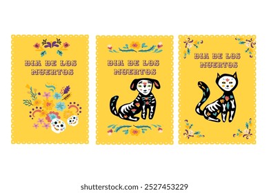 Mexican Death Day banners or posters. Dia de los muertos greeting card. Sugar skull, tatoo pets and floral elements, flowers and tatoo mask.