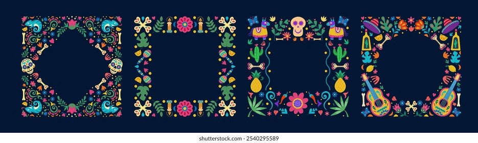 Día de la Muerte Mexicana. Día de los Muertos. Marco de Halloween de Latina. Vacaciones muertas en México. Calavera. Festival de maracas. Flores u hojas. Hueso espeluznante. Fiesta de Pinata. Conjunto de bordes decorativos ordenados de Vector