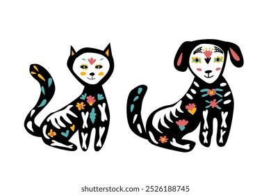 Mexican Death Day elements. Stickers for Dia de los muertos festival. Tatoo pets and floral elements.