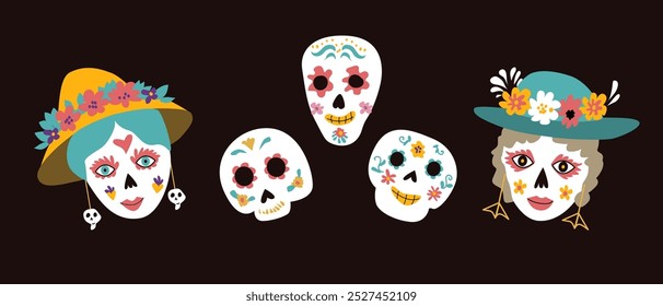 Elementos do Dia da Morte Mexicano. Adesivos para o Dia de los muertos, convite para festas musicais e cartazes. Crânio de açúcar, animais de estimação de tatoo e elementos florais, flores e máscara de tatoo, bandeiras de bunting.