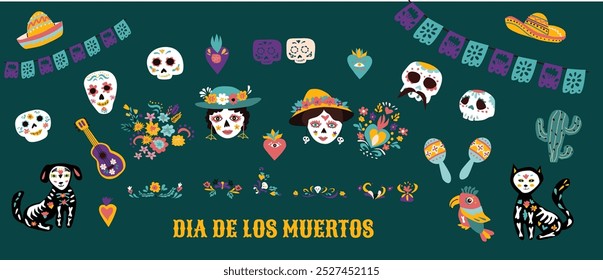 Elementos do Dia da Morte Mexicano. Adesivos para o Dia de los muertos, convite para festas musicais e cartazes. Crânio de açúcar, animais de estimação de tatoo e elementos florais, flores e máscara de tatoo, bandeiras de bunting.