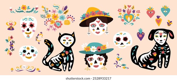 Elementos do Dia da Morte Mexicano. Adesivos para o Dia de los muertos, convite para festas musicais e cartazes. Crânio de açúcar, animais de estimação de tatoo e elementos florais, flores e máscara de tatoo, bandeiras de bunting.