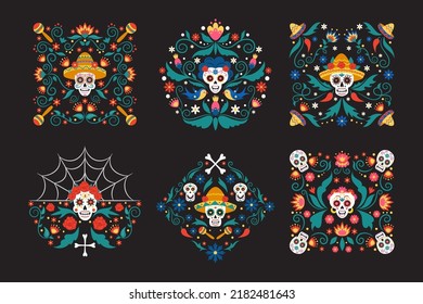 Día de la muerte en México. Flores de flores muertas en esqueleto, cráneo de halloween de celebración, decoraciones latinas de muertos, decoración tradicional hispana, adornos tradicionales, cuadradas y tarjetas de círculo. Conjunto de vectores