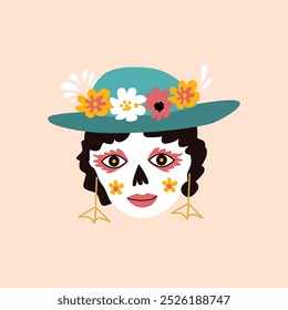 Máscara de calavera mexicana del Día de la Muerte con flor. Para Anuncios o carteles. Dia de los muertos elemento tradicional del festival. Cabeza de mujer en sombrero con flores en arte mexicano de Halloween.