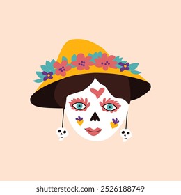 Máscara de calavera mexicana del Día de la Muerte con flor. Para Anuncios o carteles. Dia de los muertos elemento tradicional del festival. Cabeza de mujer en sombrero con flores en arte mexicano de Halloween.