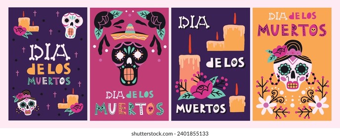 Mexican death holiday. Traditional day of dead symbols, sugar skulls and burning candles, latino halloween elements, skeletons, vector cards.eps
