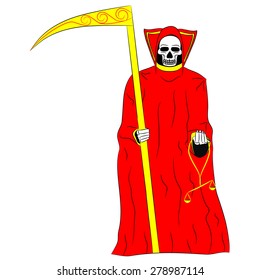 Mexican death in a red robe with a golden scythe in one hand and a golden balance in his other hand on a white background