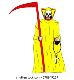 Mexican death in a yellow robe with a scythe in one hand and a white cross in the other hand on a white background