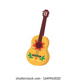 Mexican decorated guitar is element for Cinco de Mayo holiday design. Festive party greeting cards and posters flat vector illustration isolated on white background.