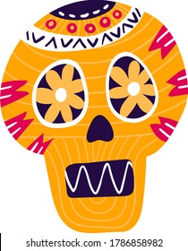 Mexican decorated skull, mexico concept traditional holiday cranium item icon isolated on white, flat vector illustration. Festive tradition north america country, celebrating day of dead.