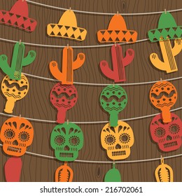 mexican decoration with novelty paper bunting on wood background, with transparencies and clipping path