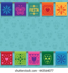 mexican decoration with seamless skull and cactus pattern and bunting, with copy space