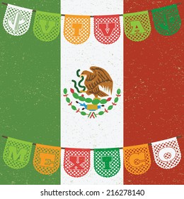 mexican decoration, with viva mexico (long live mexico) paper bunting ornament on distressed mexican flag