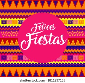 Mexican decorative background with traditional elements, text in Spanish: Happy Holidays