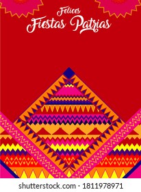 Mexican decorative background with traditional elements, text in Spanish: Happy patriotic holidays