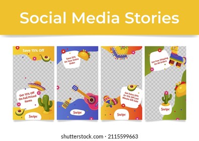 Mexican decorative design sale discount coupon set vector flat illustration. Collection online special offer price black friday deal template traditional Mexico tequila cactus avocado sombrero tacos