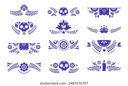 Marcos y bordes decorativos mexicanos, colorida colección de Vector. Fiesta flores, guirnaldas, calaveras esquinas, bordes, marcos. Ilustraciones vectoriales