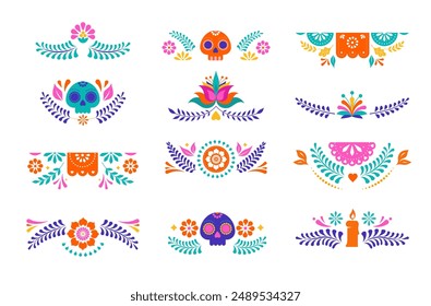 Mexican decorative frames and borders, colorful vector collection. Fiesta flowers, garlands, skulls corners, borders, frames. Vector illustrations