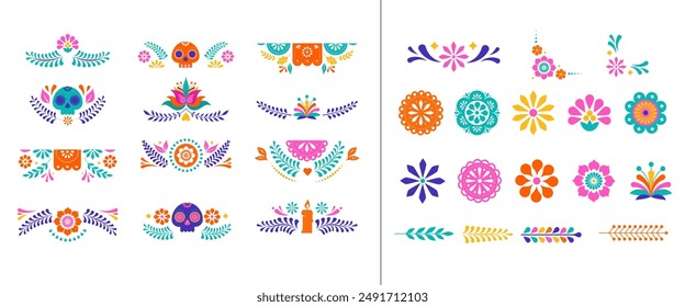 Marcos y bordes decorativos mexicanos, colorida colección de Vector. Fiesta flores, guirnaldas, calaveras esquinas, bordes, marcos. Ilustraciones vectoriales