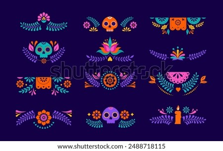 Mexican decorative frames and borders, colorful vector collection. Fiesta flowers, garlands, skulls corners, borders, frames. Vector illustrations