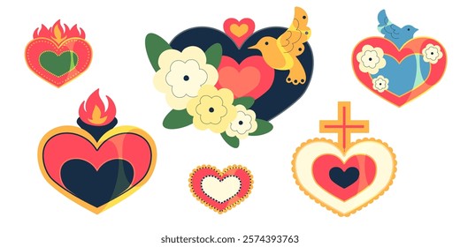 Mexican decorative heart set with hummingbird, blossoms and flaming tops. Sacred religious symbols adorned by crosses, birds and flowers. Folk art elements for romantic holiday card or cultural design