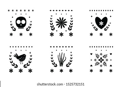 Mexican decorative ornament designs for Day of the Dead, or Dia de los Muertos. Graphic elements for mexican native graphic design, or logo elements isolated on white. 