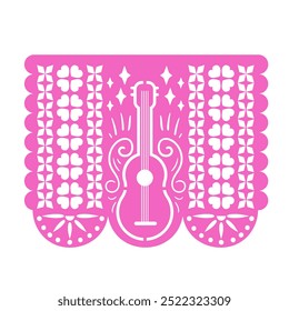 Mexican Decorative Papel Picado Garland with Ornament and Guitar. Paper Cutting Flags, Day of the Dead Pattern Garland