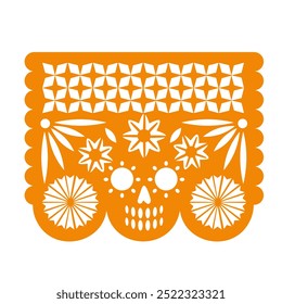 Guirnalda de Papel Picado decorativa mexicana con adorno, calavera y flores. Banderas de corte de papel, guirnalda con patrón para el día de los muertos