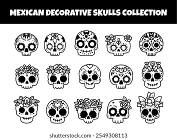 Conjuntos de ilustrações de vetor de contorno de crânios decorativos mexicanos