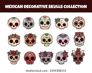 Conjunto de ilustração de vetor de crânios decorativos mexicanos