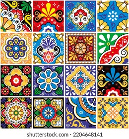 Baldosas de talavera decorativas mexicanas conjunto grande - patrón sin fisuras vectoriales, colección de diseños retro coloridos con flores y formas geométricas. Fondo repticio en mosaico inspirado en el arte en mosaico de México 