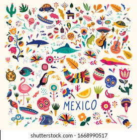 Map Mexico Traditional Symbols Decorative Elements Stock Vector ...