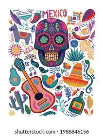 Mexican decorative vector pattern. Mexico with traditional symbols and decorative elements.
Cinco de Mayo celebration in Mexico, icons set, design element, flat style. Set