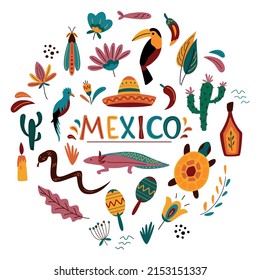 Mexican decorative vector set in a circle. Traditional symbols and decorative elements - sombrero, day of the dead decorations, flowers, cactus and birds