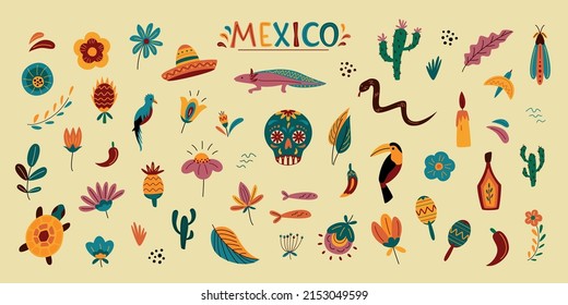 mexikanisches dekoratives Vektorset. Traditionelle Symbole und dekorative Elemente - Sombrero, Tag der toten Dekorationen, Blumen, Kakteen und Vögel