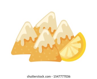 mexican delicious nachos with cheese sauce and lemon vector illustration design