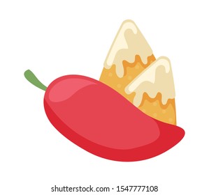 mexican delicious nachos with cheese sauce and chili pepper vector illustration design