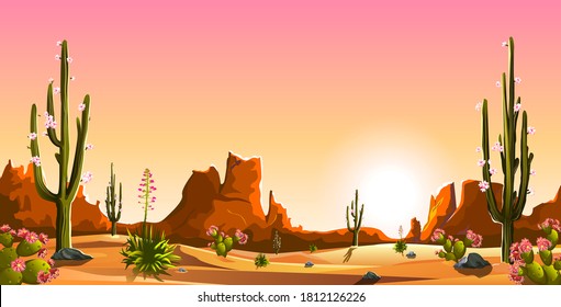 Mexican desert. Blooming cacti. The mountains. Sunset. Landscape. Saguaro cactus.
