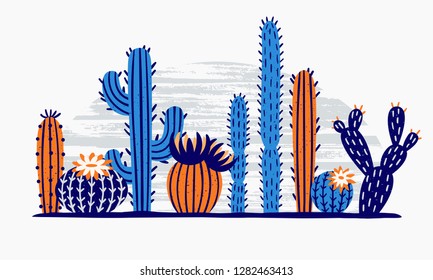 Mexican desert cactus. Cactuses flower, exotic garden plant and tropical cacti flowers. Blooming mexico cactus succulent plants. Exotic floral isolated vector illustration