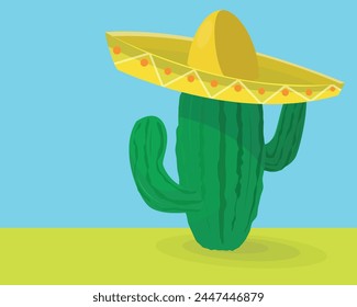 Mexican desert with cactus plants and a sombrero.