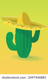 Mexican desert with cactus plants and a sombrero.