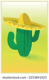 Mexican desert with cactus plants and a sombrero.