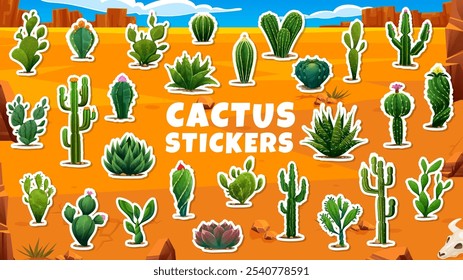 Pegatinas suculentas de cactus del desierto mexicano o plantas espinosas de saguaro, iconos vectoriales. Peyote y cactus opuntia, suculentas del cañón del desierto de Texas con pinchazos y flores para pegatinas mexicanas de dibujos animados