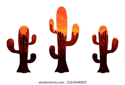 Mexican desert landscape with cactus silhouettes in double exposition, vector icons. Western desert landscape of Texas, Arizona valley or Mexican mountain rocks and canyons in cactus double exposition