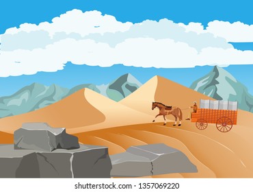 Mexican Desert landscape with cactuses sand dunes, nature outdoor landscape, horse carriage