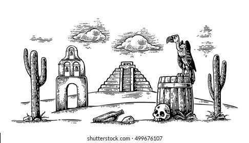 Mexican desert landscape with griffin sitting on barrel and skull, cactus, cloud, church, pyramid. For card, poster Day of the Dead. Vector hand drawn vintage engraving. Isolated on white background